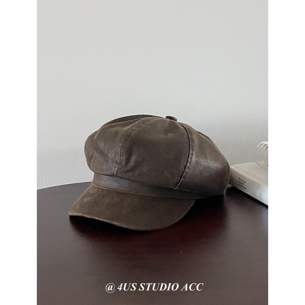 Autumn New Style Retro Aged Leather Washed Octagonal Hat for Women British Style Painter Hat Street Style Newsboy Hat Showing Small Face