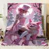 Whimsical Pink Wonderland Throw Blanket - Soft Cozy Fleece Featuring Enchanting Pink-Haired Woman, Fluffy Pink Cat, and Cherry B