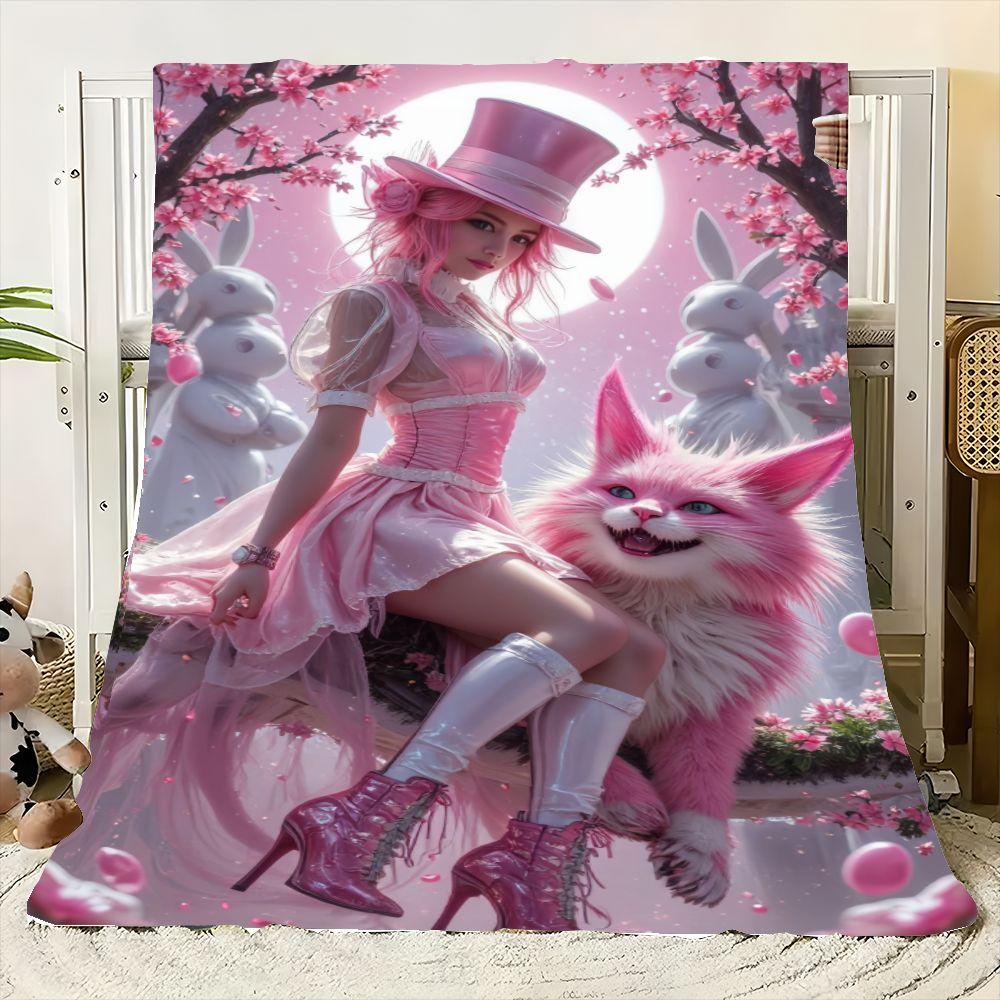 Whimsical Pink Wonderland Throw Blanket - Soft Cozy Fleece Featuring Enchanting Pink-Haired Woman, Fluffy Pink Cat, And Cherry B