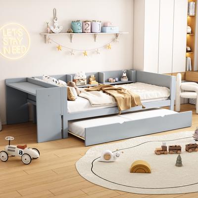 90*200cm, cama baixa, com cama de rodízio, com secretária, três prateleiras na lateral da cama, cinzento