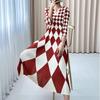 Women's Print Dress Spring Summer Diamond Print High-end Pleated Dress V-neck Long Dress
