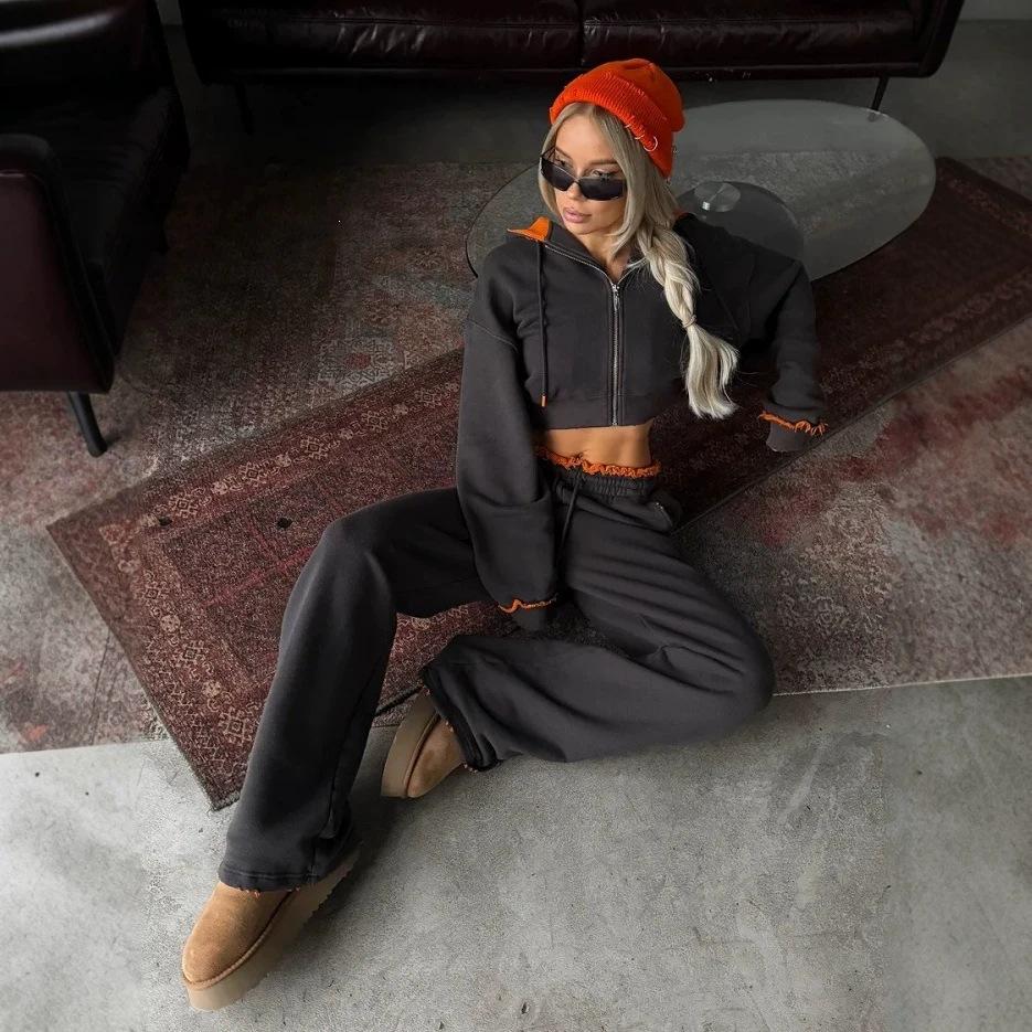 2026 new cross-border casual women's suit features color matching rough edge long-sleeved jacket lace-up trousers two-piece set