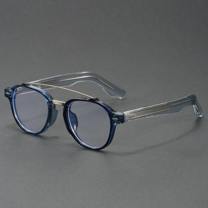 Women's Blue Transparent Double-Beam Acetate Glasses Frame with Flat Lenses & Blue Light Blocking Option