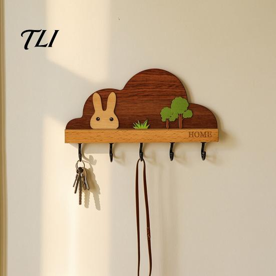 Entryway Organizer Shelf Solid Wood Key Holder with 5 Hooks, Decorative Wall Mounted Coat Rack Rack, Space Saving for Kitchen And Office Modern