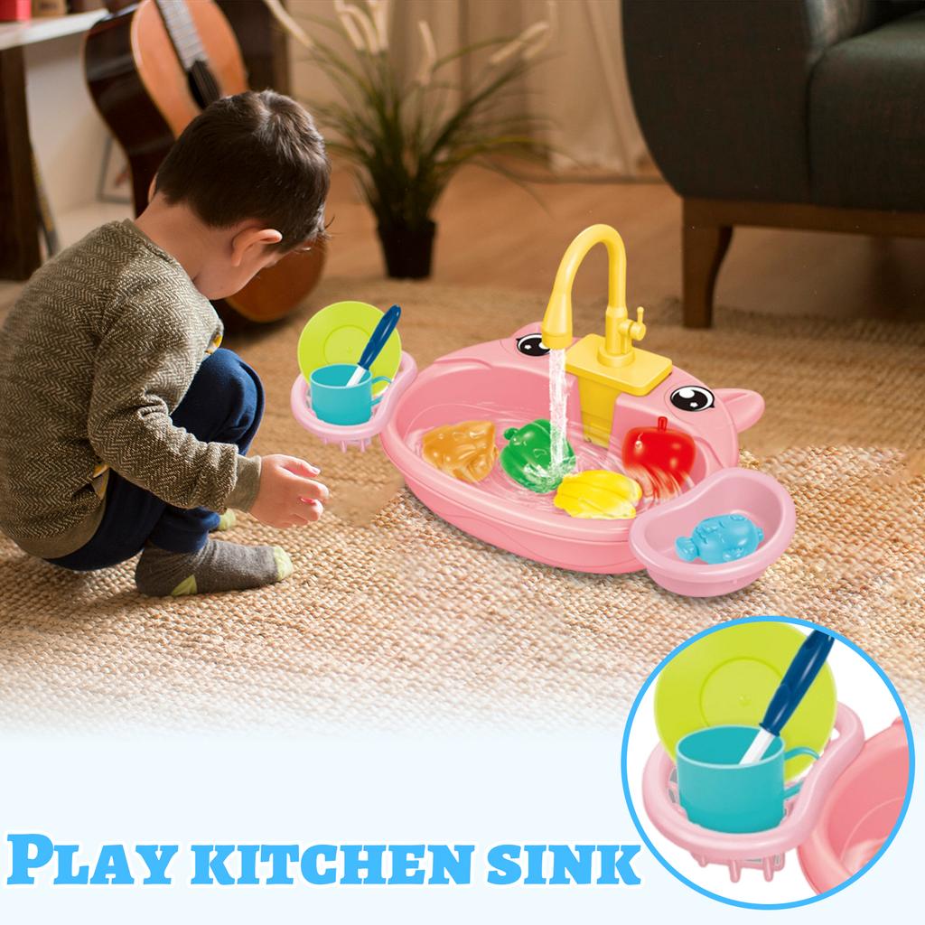 Electric Kids Play Kitchen Sink Toy with Running Water Cycle Dishwasher Pretend Play Set for Children Interactive Role Play Household Accessories