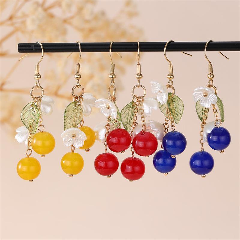 Cute Cherry Dangle Earrings White Flower Green Leaf Accent Suitable For Daily Wear Gifts For Women