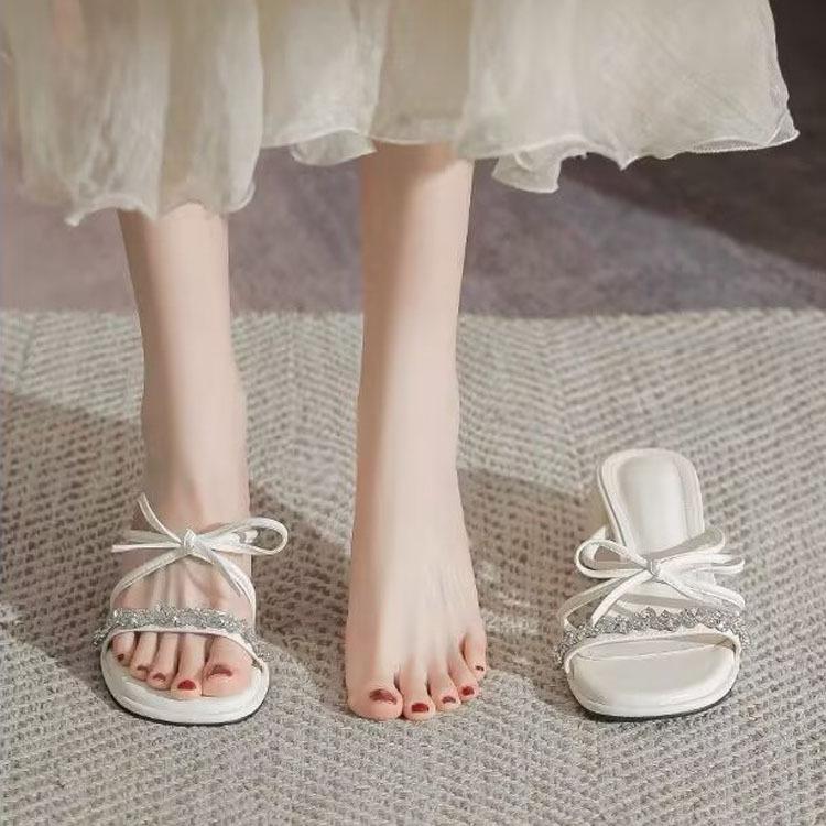 Silver Sandals 2025 New Fairy Summer Bow French Cool Slippers Thick High Heels 5cm