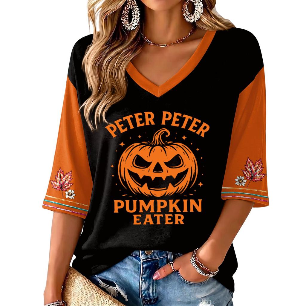 Women's V Neck Casual Three-Quarter Sleeve Halloween Print Blouse
