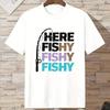 Kids Summer Crew Neck Short Sleeve T-Shirt with Fishing Rod & HERE FISHY Letter Print