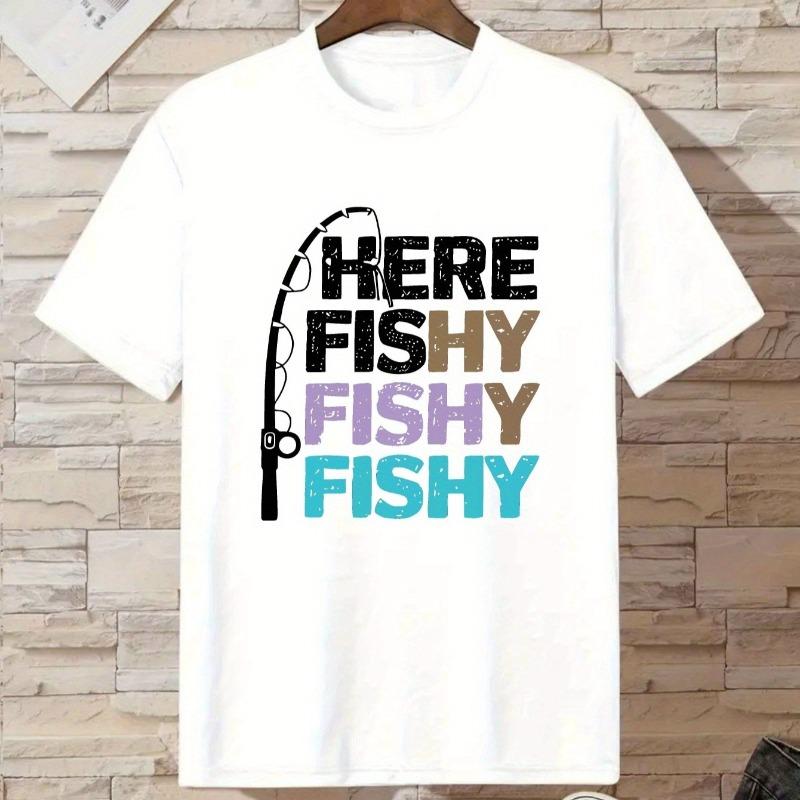 Kids Summer Crew Neck Short Sleeve T-Shirt with Fishing Rod & HERE FISHY Letter Print