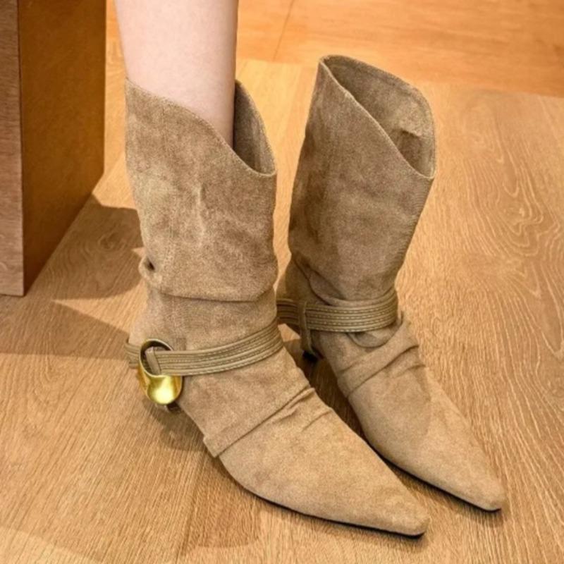 Vintage Metal Buckle Thin Folio Boots Fashion Pointed Toe Cow Suede Padded Foot Non-Slip Shorthole Stack Boots