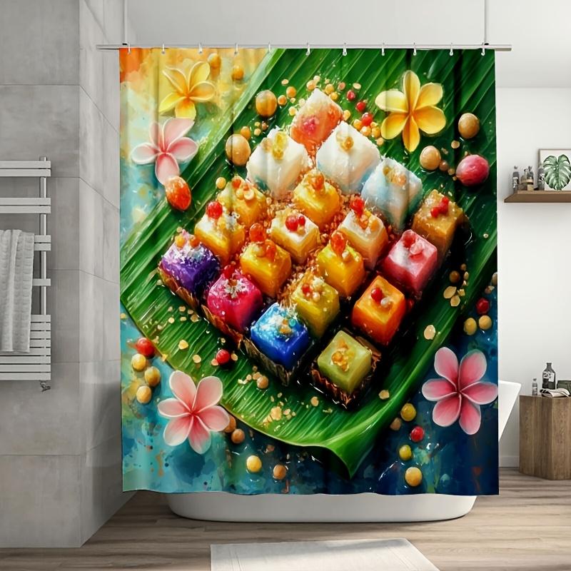 

1Pc Vibrant Thai-Style Dessert Shower Curtain, Durable Polyester, Tropical Design With Banana Leaves & Flowers W60H190(CM)-1 Pcs