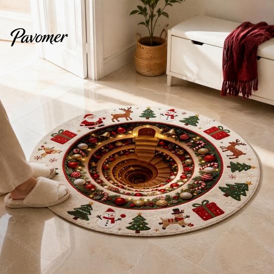 Unique Seasonal Gift Rugs Christmas Round Area Rug, 3D Visual Trap Floor Mat with Santa Elk Print, Soft Crystal Velvet Carpets Non-Slip Stain