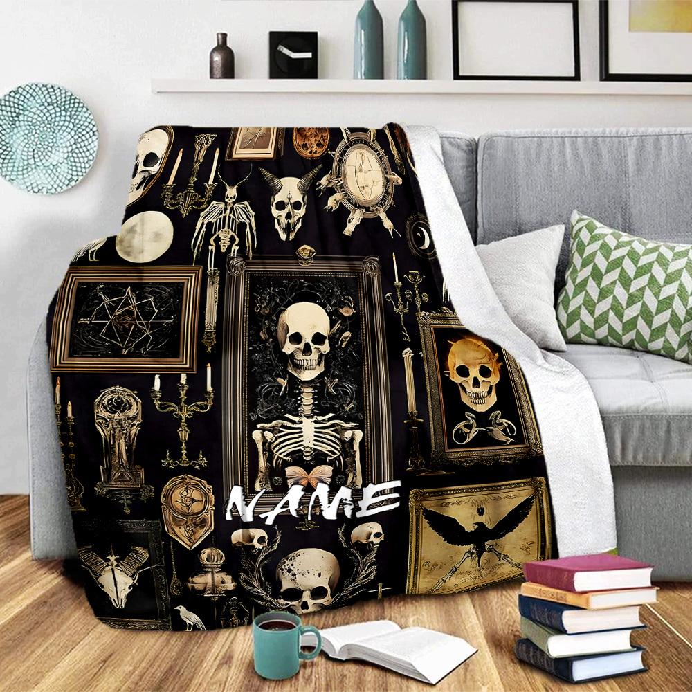 Gothic Skull Home Customize Your Name Blankets Soft Cozy Lightweight Allseason Multipurpose Blanket For Picnics Sofas Offices Beds Living Rooms