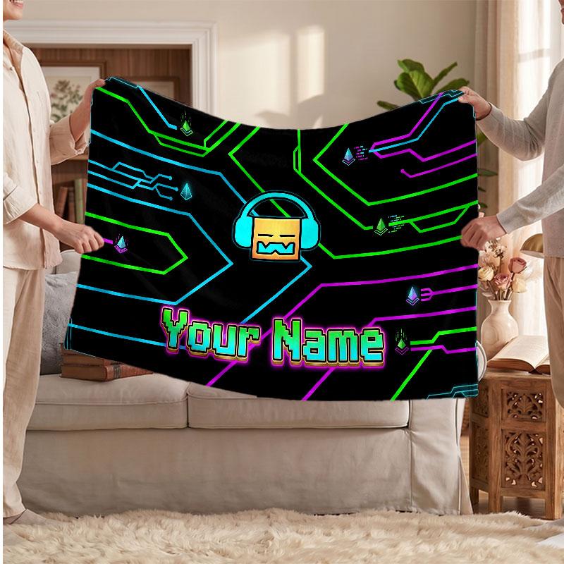 Geometry Dash Personalized Flannel Blanket, Custom Printed Text Name, Warm Soft Blanket For Couch Bed