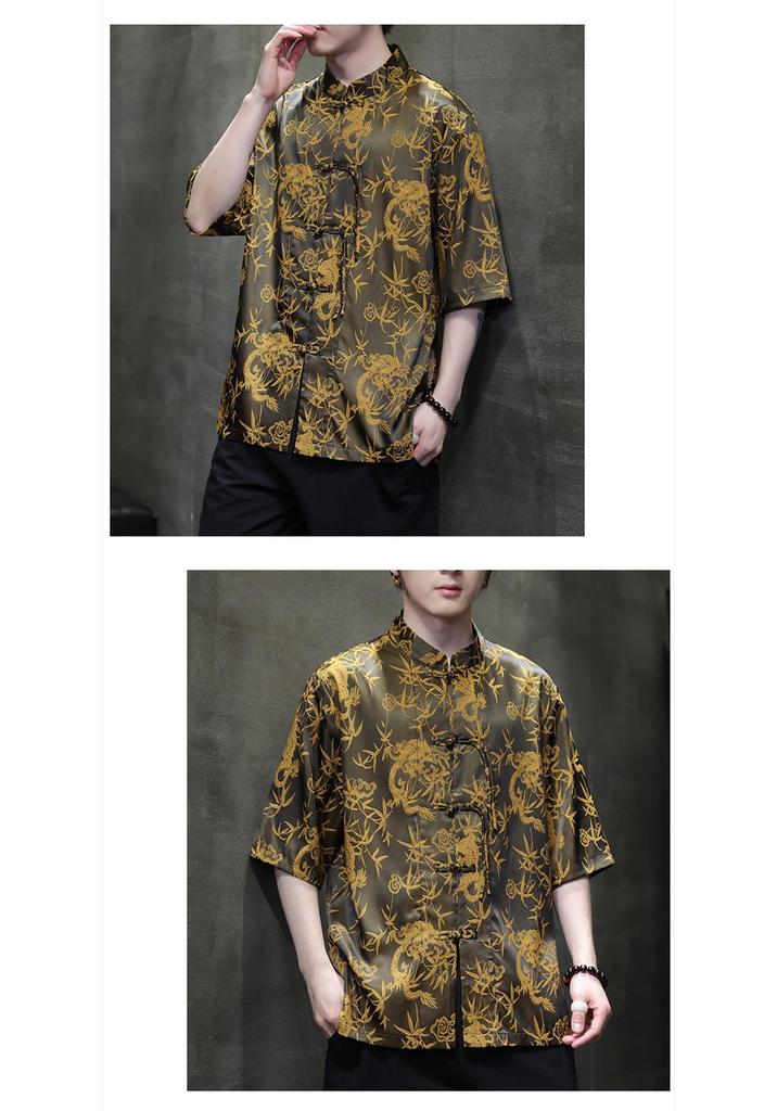 2024 Men's Chinese Style Jacquard Frog Button Tang Suit Shirt, Plus Size, Summer Casual