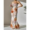 Women's Sleeveless White Orange Floral Print Maxi Dress Elegant Vintage Style Bodycon Slim Fit for Summer Beach Party Casual Date