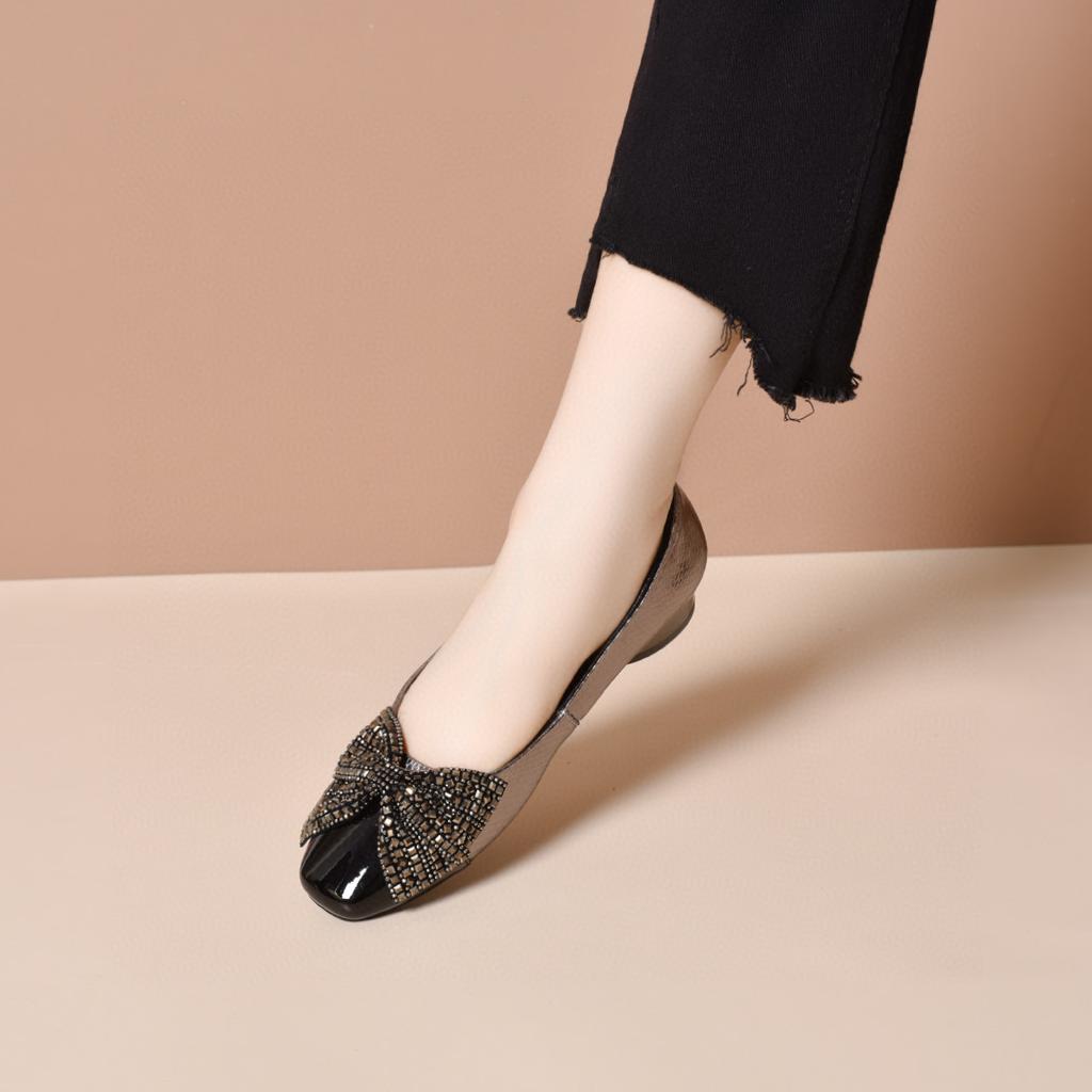 Flat Shoes Women's Spring and Summer New Light Mouth Low Heel One Pedal Single Shoes Color Matching Bow Rhinestone Women