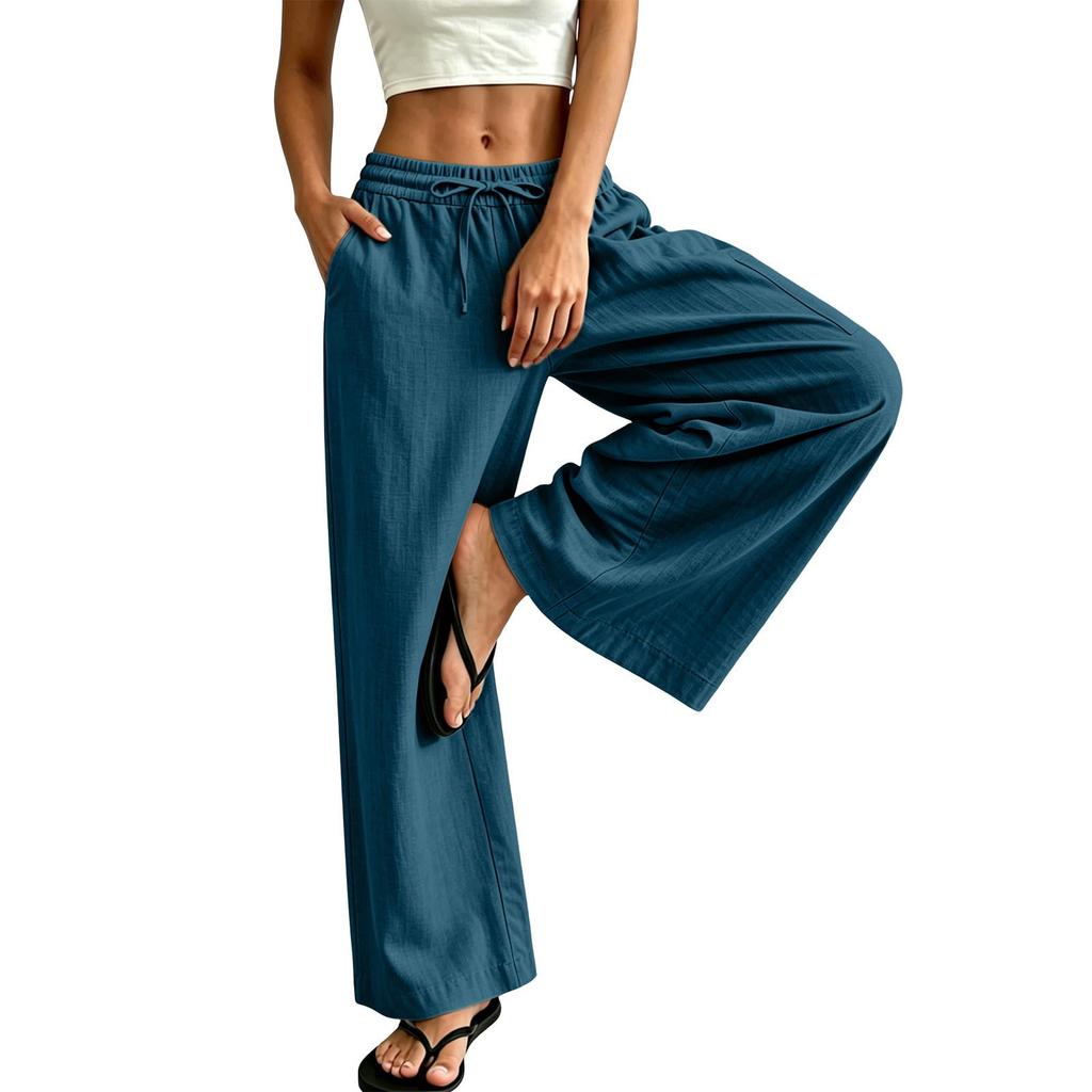 Women's Cotton Linen Straight Leg Pants - Elastic Waist with Drawstring, Casual Color Trousers with Pockets