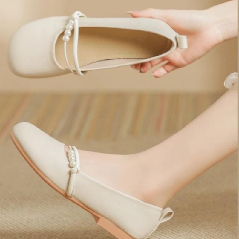Fashion Japanese Style Lolita Ladies Footwear Pearl Mary Jane Gothic White Women's Flat Shoes Vacation 2025 Summer Popular Luxury Brand