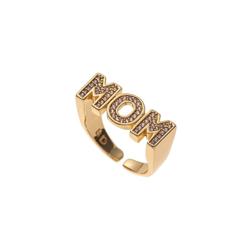 

Aesthetic MOM Ring Zinc Zinc Alloy Gift for Mother s Day Trendy Zircon Letter Ring Mom Gift Gold-Pink Zircon