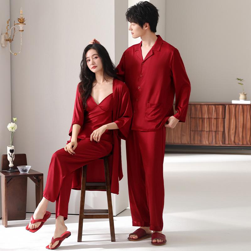 Couple pajamas spring and summer long-sleeved ice silk wedding nightgown red natal year morning gown with chest pad three-piece set