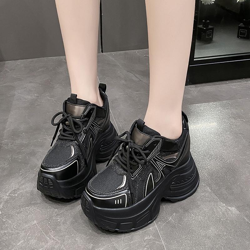 Fashion 10CM Women Casual Leather Shoes New Autumn Breathable Mesh Chunky Sneakers Street Height Increased Shoes Thick Platform Sneakers