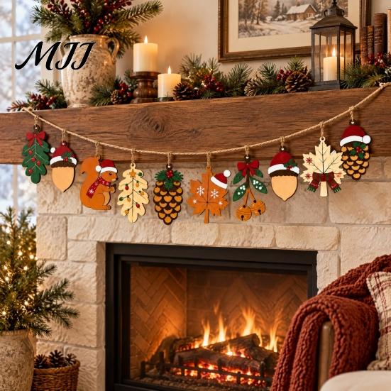 Rustic Holiday Room Decor Christmas Forest Theme Pendant, Wooden Hanging Ornaments with Squirrels Acorns and Pine Farmhouse Decorations Cones,