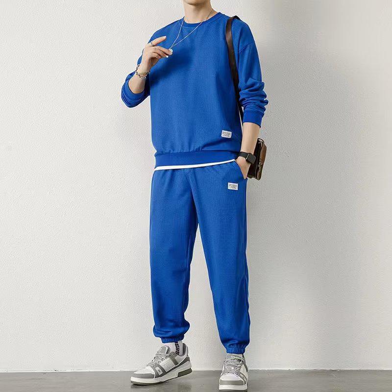 

Мужской повседневный спортивный костюм на осень и зиму: Комплект из вафельной футболки с длинным рукавом и брюк