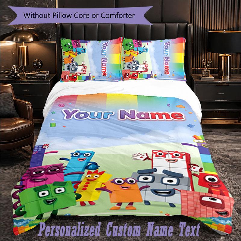 Personalized 3Pcs Bedding SetNumberblock Custom Text Duvet Cover Pillowcase Set Bedroom Gift