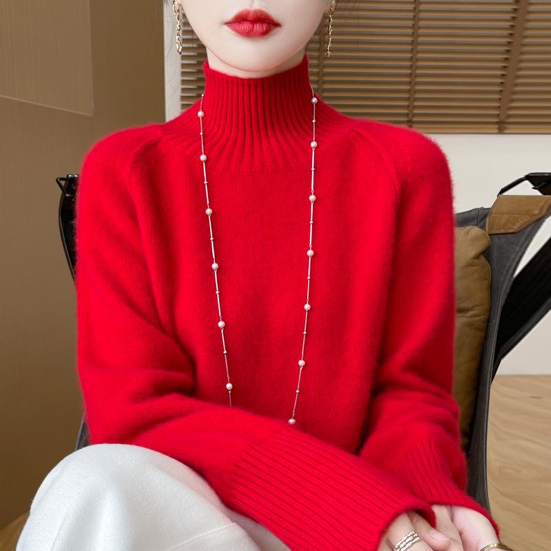 

2025 Woolen Long Sleeve Thick Knitted Sweater, Half-High Neck, Solid Color - Faye Wong Style for Women, Autumn/Winter Collection XXL