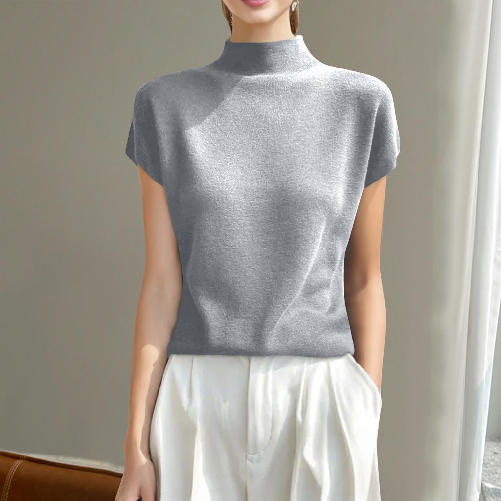 Fashion Knit Short Sleeve Half High Neck T-Shirt For Women