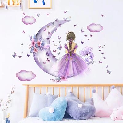 Mädchen Zurück Mond Schmetterlinge Wand Aufkleber Kind Mädchen Schlafzimmer Dekoration Baby Nursery Home Decor Wohnzimmer Wand Aufkleber Poster