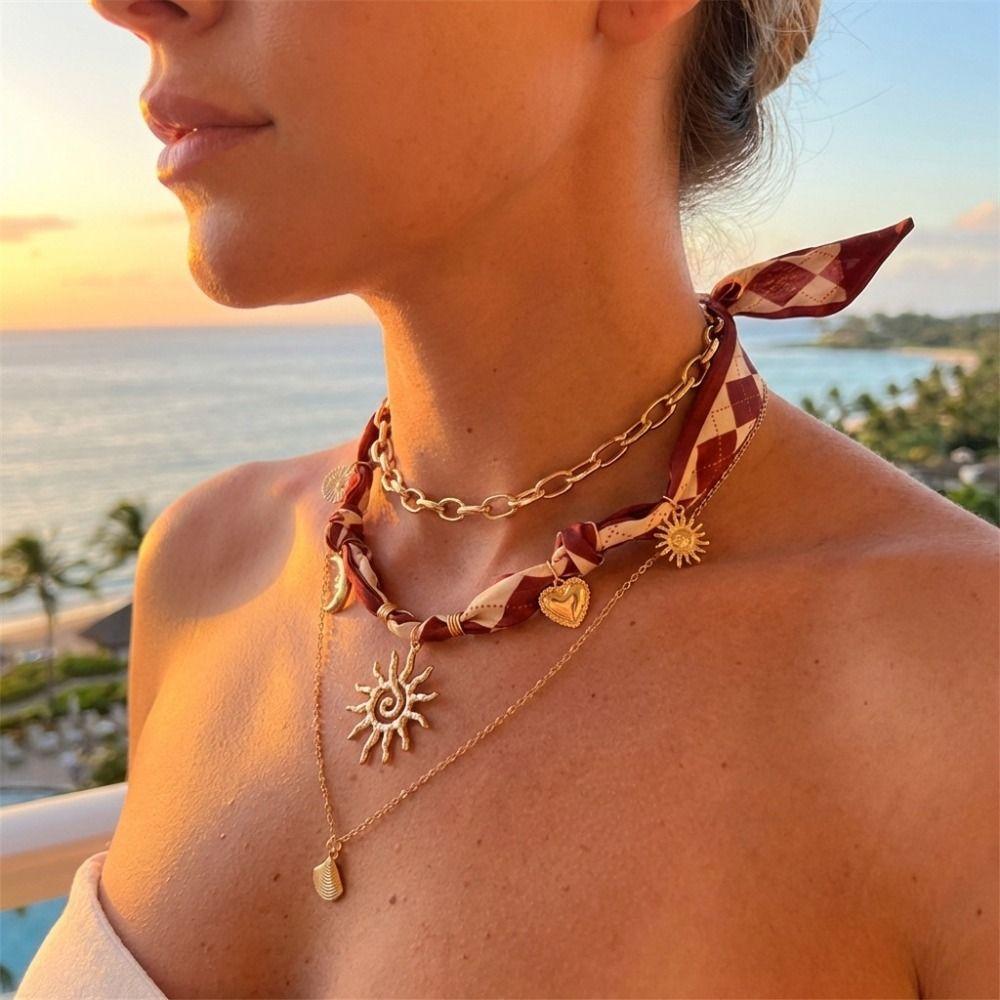 Leopard Print Scarf Necklace Sea Star Beads Chain Choker Trendy Bohemian Style Necklace  Vacation