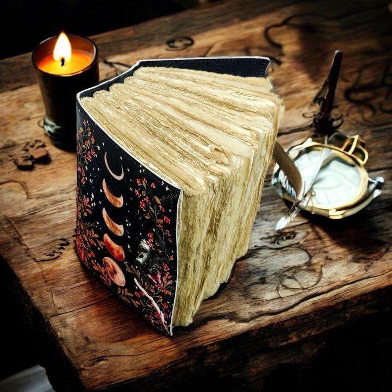 200 Page Large Grimoire Vintage Leather Journal, Moon Phase Fat Journal, Blank Spell Book of Shadows Celestial Christmas Gifts For Him Her