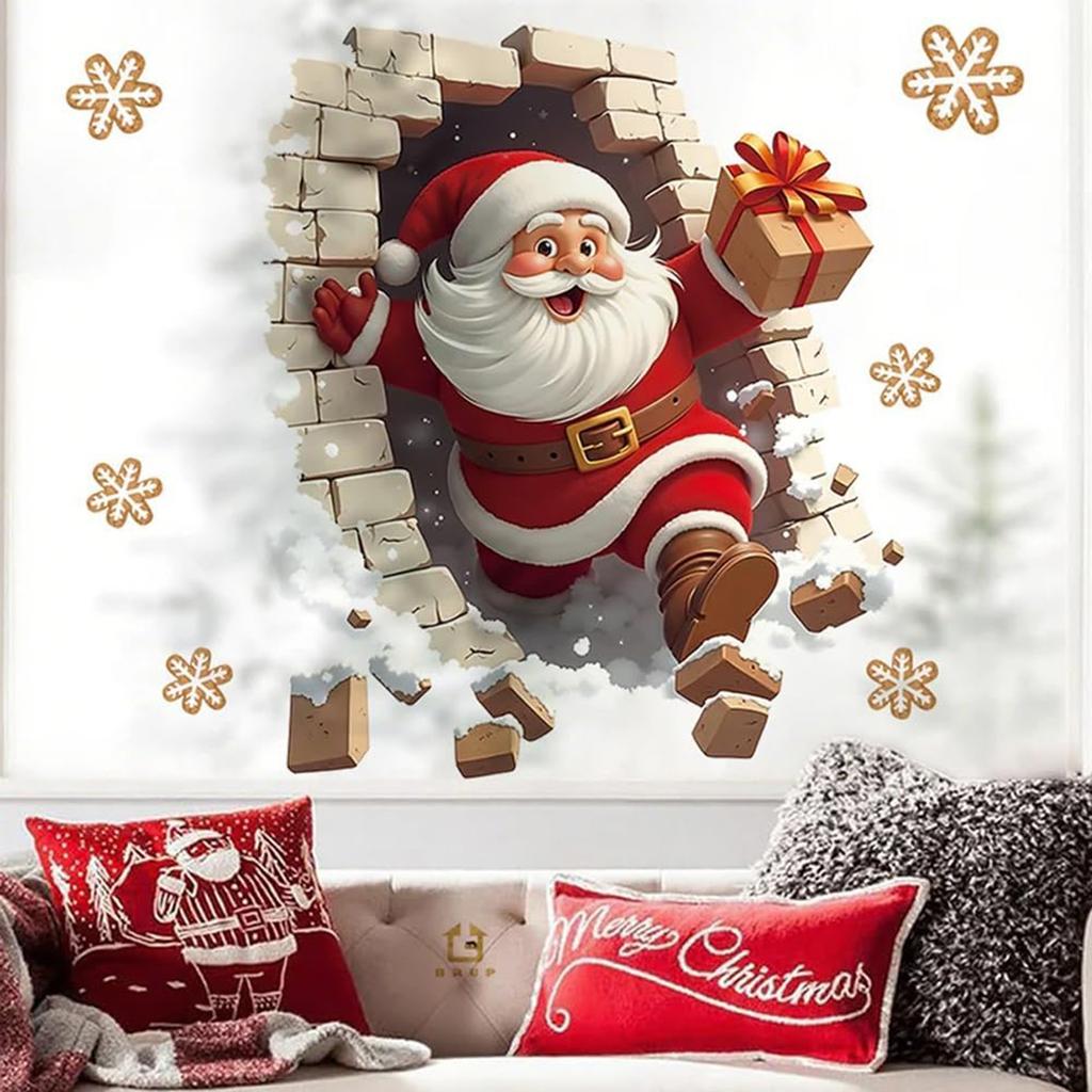 Santa  Breaking Through The Wall 3D Effect Wall Sticker, Christmas Sticker With Cartoon Design, New Creative Christmas Wall Sticker.