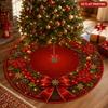Red Bow Christmas Tree Skirt,Round Non‑Slip Floor Mat,Poinsettia Pinecone Bell Xmas Carpet for Holiday Home Decor Rug