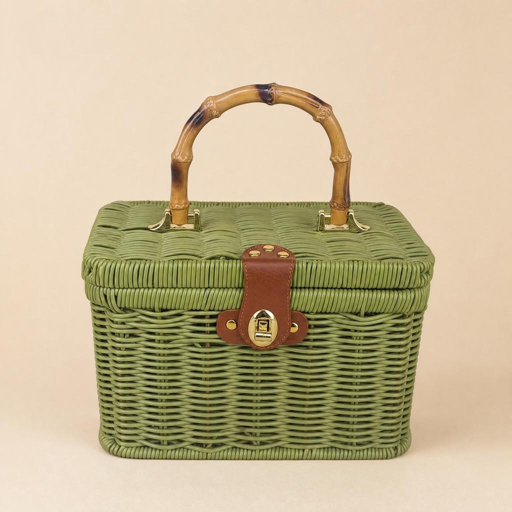 Rectangular Lidded Wicker Basket Sturdy Woven Container with Handle Easy
