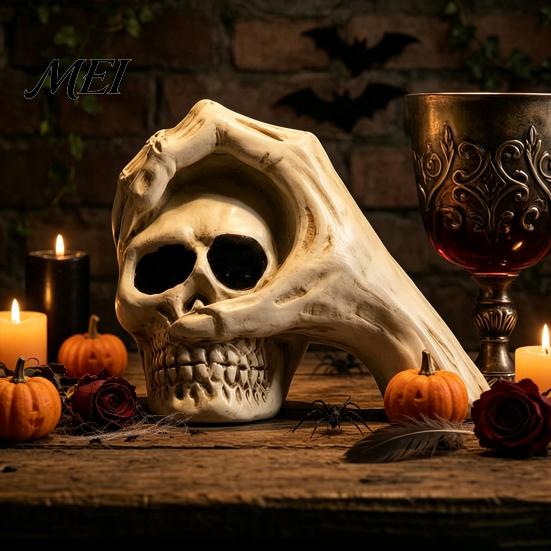 Realistic Bone Texture Figurine Halloween Skull Hand Sculpture, Gothic Skeleton Head Figurine, Spooky Resin Home Tabletop Ornament Decoration