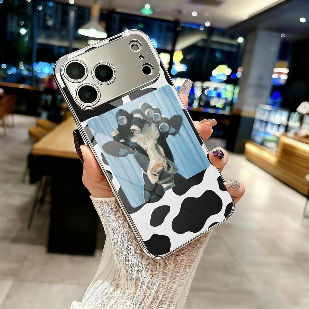 Coque de téléphone mode vache drôle pour iPhone 17 16 15 14 13 12 Pro Max Plus Coque bumper antichoc en métal galvanisé Dos en verre
