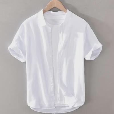 Men's Dark Blue Cotton-Linen Retro Shirt - Short-Sleeved, Stand-Up Collar, Breathable & Versatile Style.