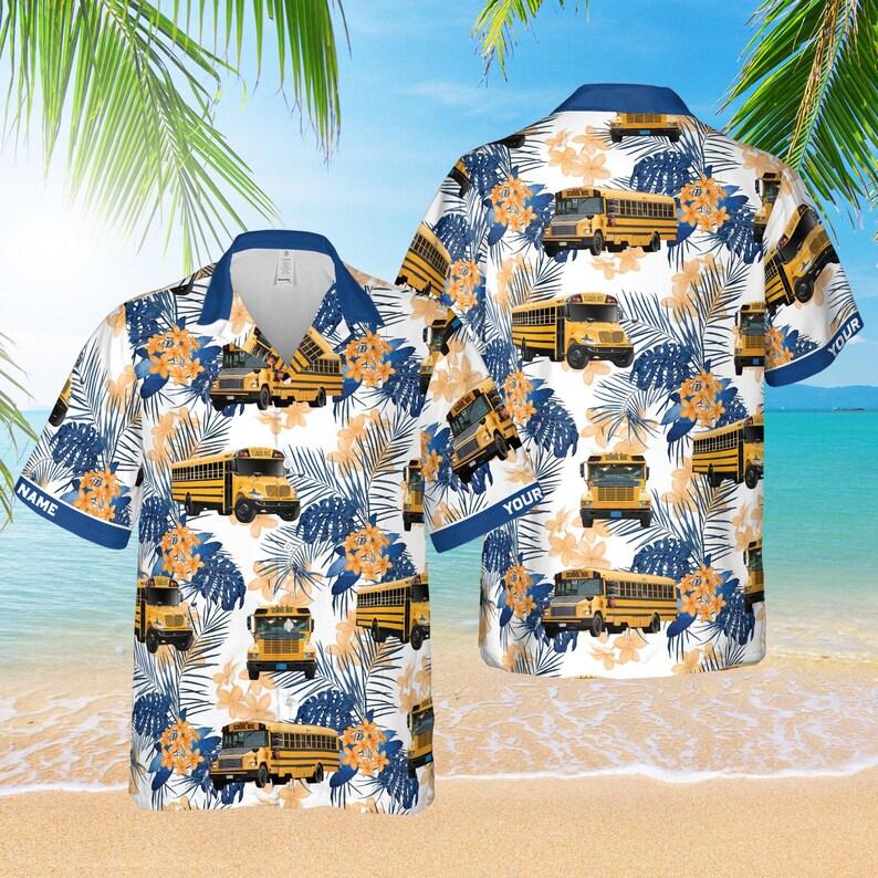 Men's School Bus & Tropical Floral Print Hawaiian Shirt Casual Button Down Short Sleeve Beach Shirts For Summer Holiday
