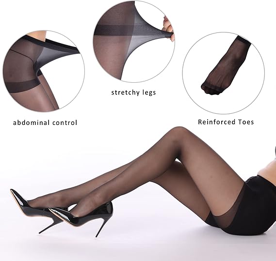 5Pairs Women Basic Solid Black Transparent Tights High Waist Silky Pantyhose Summer Daily Stockings
