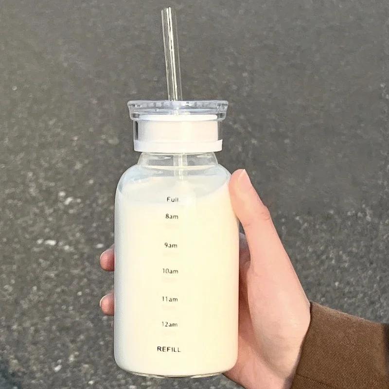300-750ml Double Lid Water Bottle High Borosilicate Glass Water Cup with Straw Korean Portable Milk Juice Cup with Time Marker