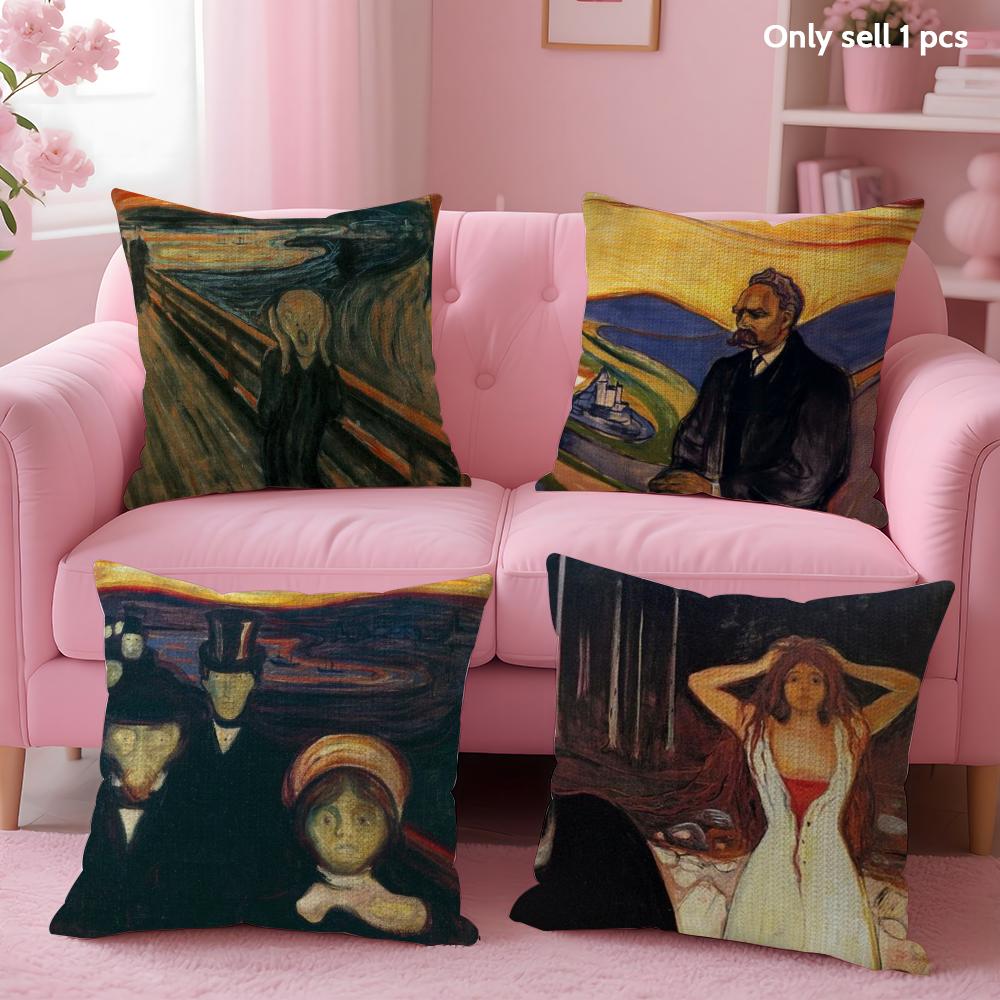 E-Edvard M-Munch Anxiety Cushion Cover Summer Coolness Linen Fabric Double-Sided Printing Pillow Case Sofa Home Decor Gift