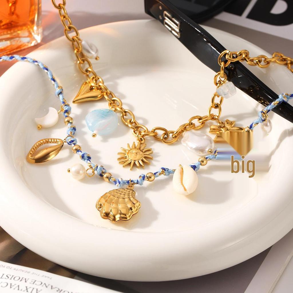 Stainless Steel Ocean Style Necklace with Seashell & Starfish Pendant for Women