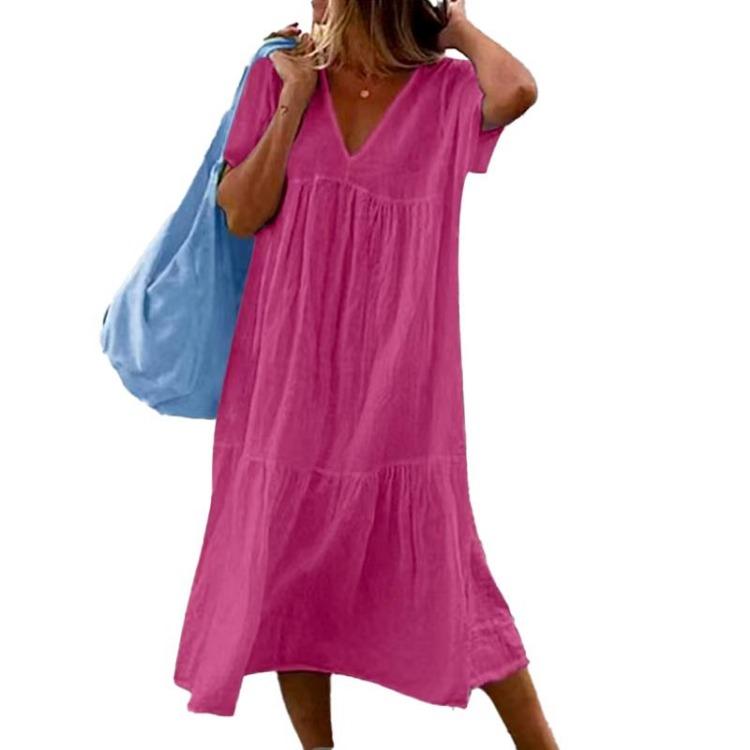 Women Casual Long Cotton V Neck Solid Color Simple Style Baggy Dress 1Pc