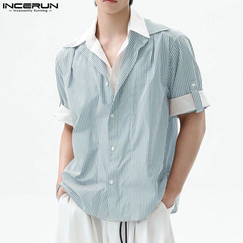 INCERUN Men Turn-down Collar Short Sleeve Patchwork Striped Casual Texture T-shirts