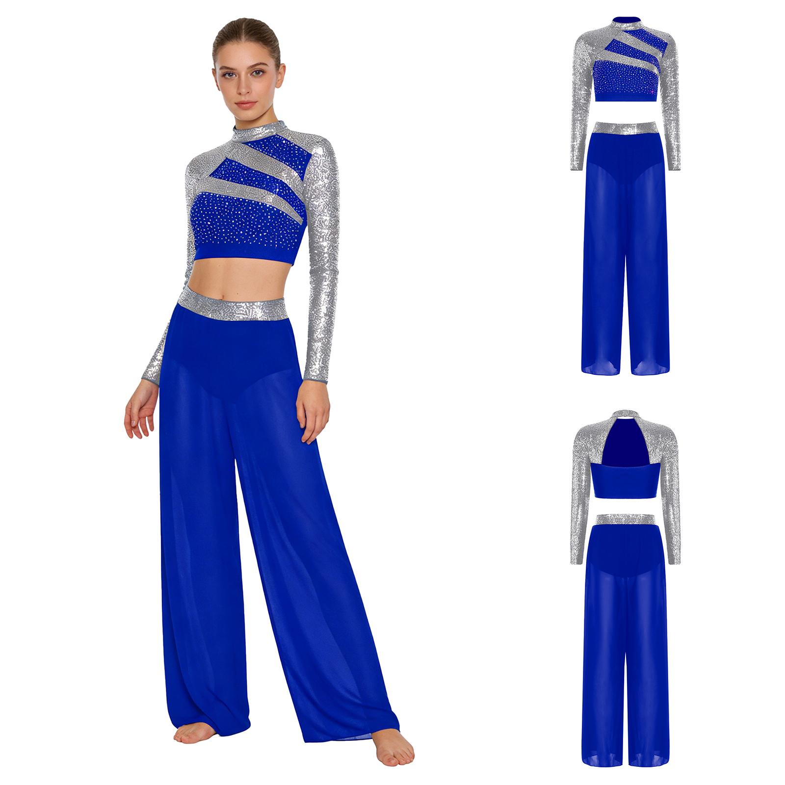

S-XXL Women’s Practice & Performance Set: Comfortable Mock Neck Top with Sheer Chiffon Pants, Sequined for Elegance королівський синій колір