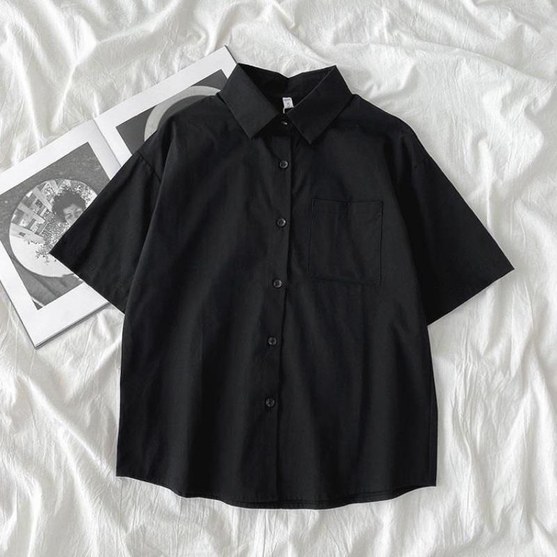 

Женская однотонная рубашка в японском стиле, свободные рубашки с короткими рукавами, кардиганы, топы, повседневная винтажная универсальная одежда, лето XL чёрный